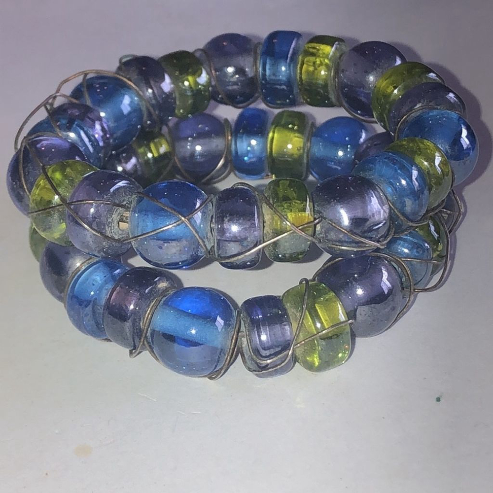 5” Blue Green Glass Beaded Silver Tone Wire Wrapped Boho Bracelets